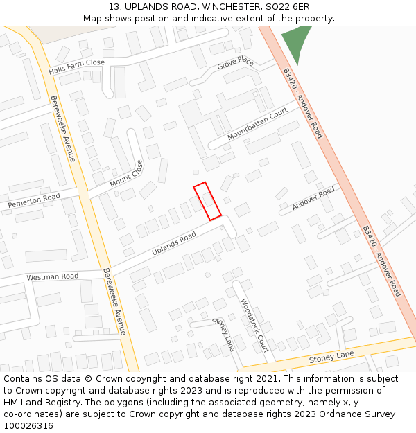 13, UPLANDS ROAD, WINCHESTER, SO22 6ER: Location map and indicative extent of plot