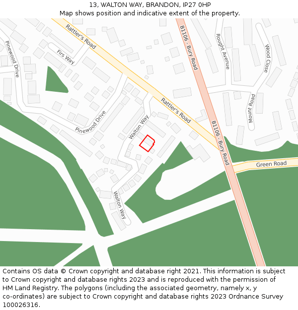 13, WALTON WAY, BRANDON, IP27 0HP: Location map and indicative extent of plot