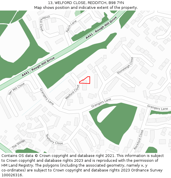 13, WELFORD CLOSE, REDDITCH, B98 7YN: Location map and indicative extent of plot