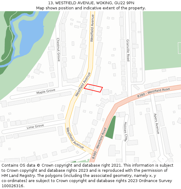 13, WESTFIELD AVENUE, WOKING, GU22 9PN: Location map and indicative extent of plot