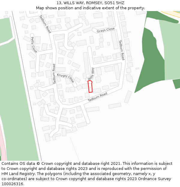 13, WILLS WAY, ROMSEY, SO51 5HZ: Location map and indicative extent of plot