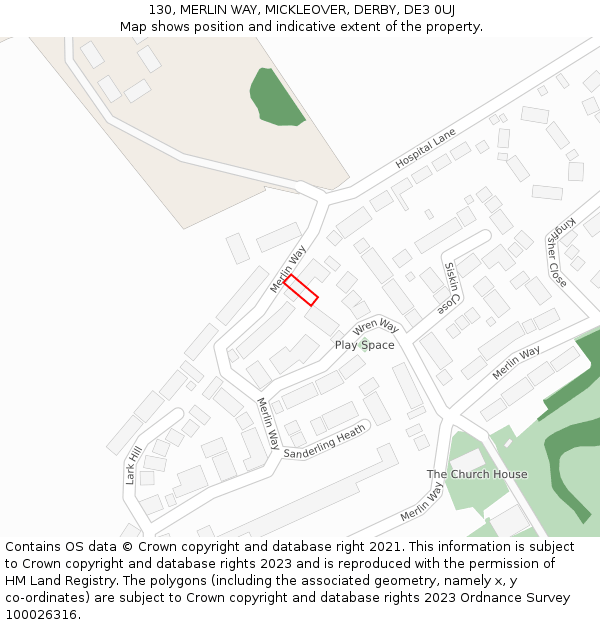 130, MERLIN WAY, MICKLEOVER, DERBY, DE3 0UJ: Location map and indicative extent of plot