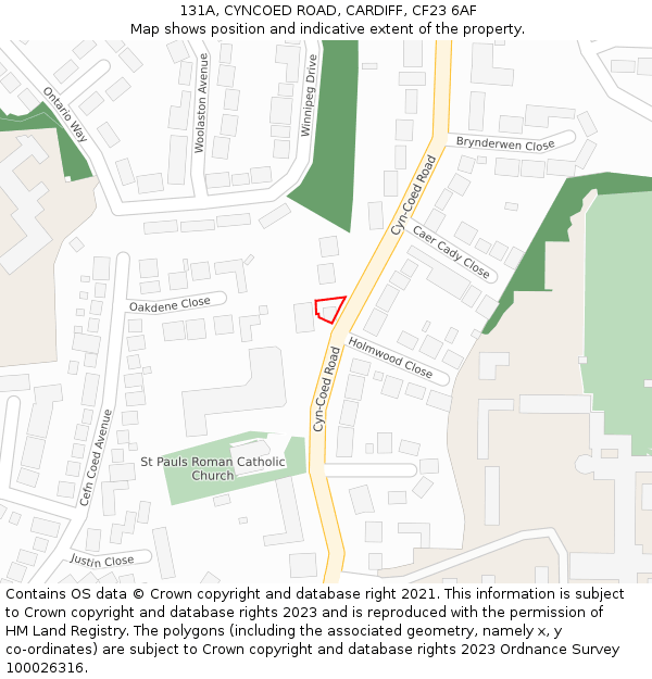 131A, CYNCOED ROAD, CARDIFF, CF23 6AF: Location map and indicative extent of plot