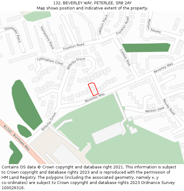 132, BEVERLEY WAY, PETERLEE, SR8 2AY: Location map and indicative extent of plot