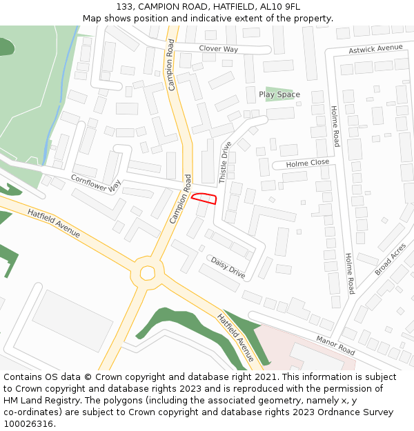 133, CAMPION ROAD, HATFIELD, AL10 9FL: Location map and indicative extent of plot