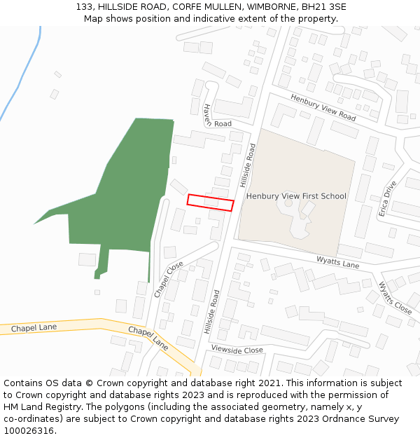 133, HILLSIDE ROAD, CORFE MULLEN, WIMBORNE, BH21 3SE: Location map and indicative extent of plot