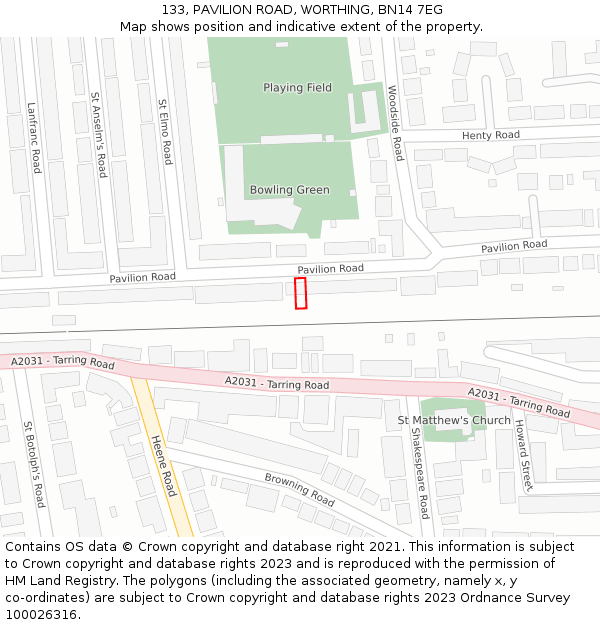 133, PAVILION ROAD, WORTHING, BN14 7EG: Location map and indicative extent of plot