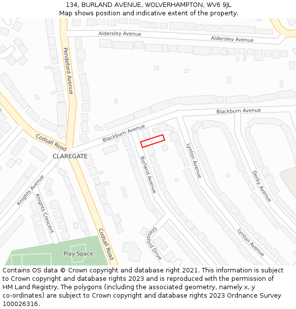 134, BURLAND AVENUE, WOLVERHAMPTON, WV6 9JL: Location map and indicative extent of plot