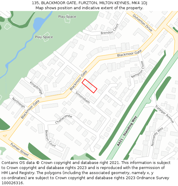 135, BLACKMOOR GATE, FURZTON, MILTON KEYNES, MK4 1DJ: Location map and indicative extent of plot