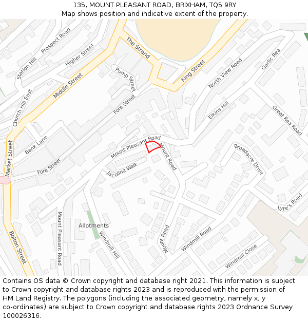 135, MOUNT PLEASANT ROAD, BRIXHAM, TQ5 9RY: Location map and indicative extent of plot