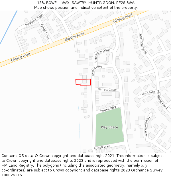 135, ROWELL WAY, SAWTRY, HUNTINGDON, PE28 5WA: Location map and indicative extent of plot