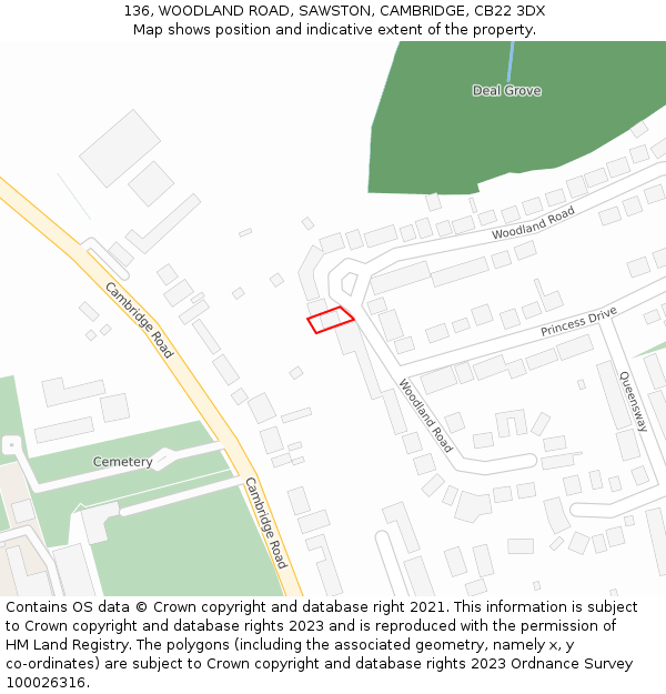 136, WOODLAND ROAD, SAWSTON, CAMBRIDGE, CB22 3DX: Location map and indicative extent of plot