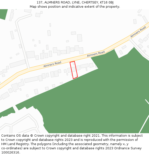 137, ALMNERS ROAD, LYNE, CHERTSEY, KT16 0BJ: Location map and indicative extent of plot