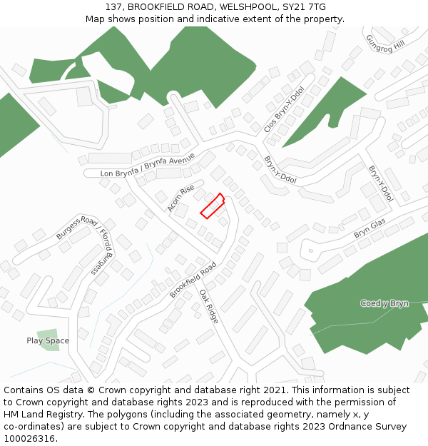 137, BROOKFIELD ROAD, WELSHPOOL, SY21 7TG: Location map and indicative extent of plot