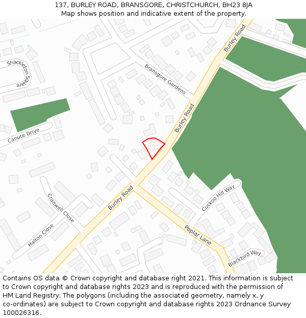 137, BURLEY ROAD, BRANSGORE, CHRISTCHURCH, BH23 8JA: Location map and indicative extent of plot