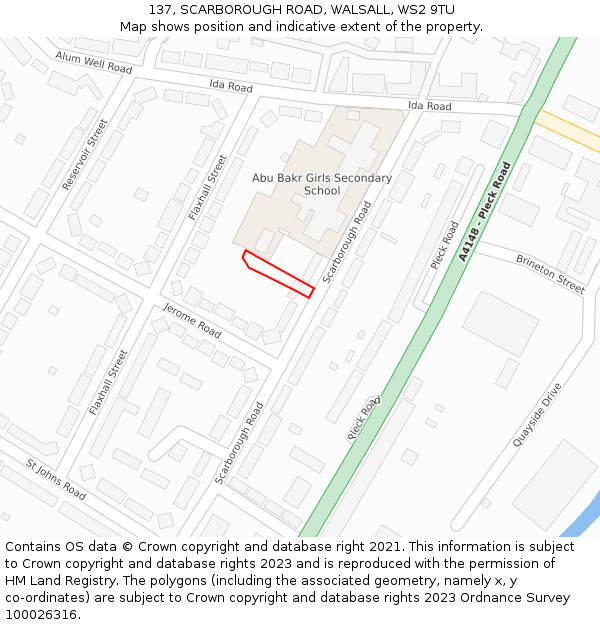 137, SCARBOROUGH ROAD, WALSALL, WS2 9TU: Location map and indicative extent of plot
