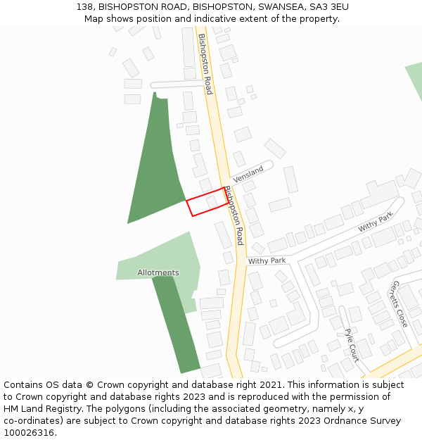 138, BISHOPSTON ROAD, BISHOPSTON, SWANSEA, SA3 3EU: Location map and indicative extent of plot