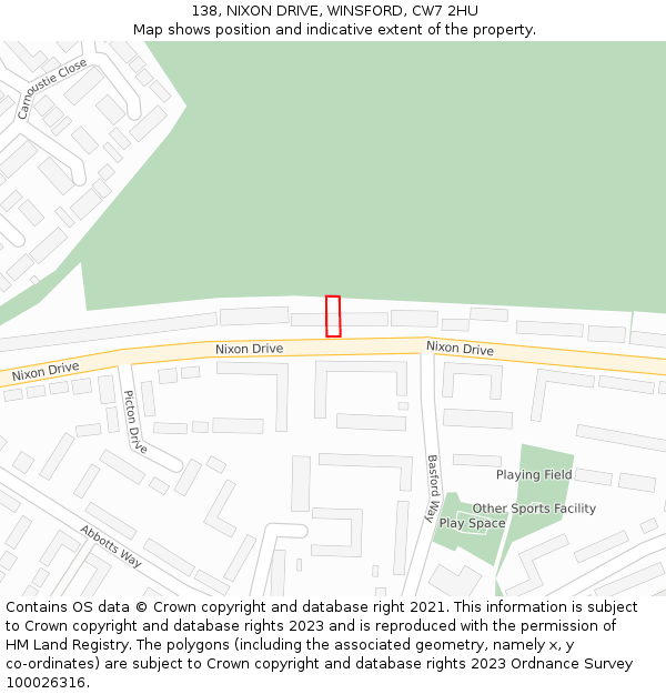 138, NIXON DRIVE, WINSFORD, CW7 2HU: Location map and indicative extent of plot