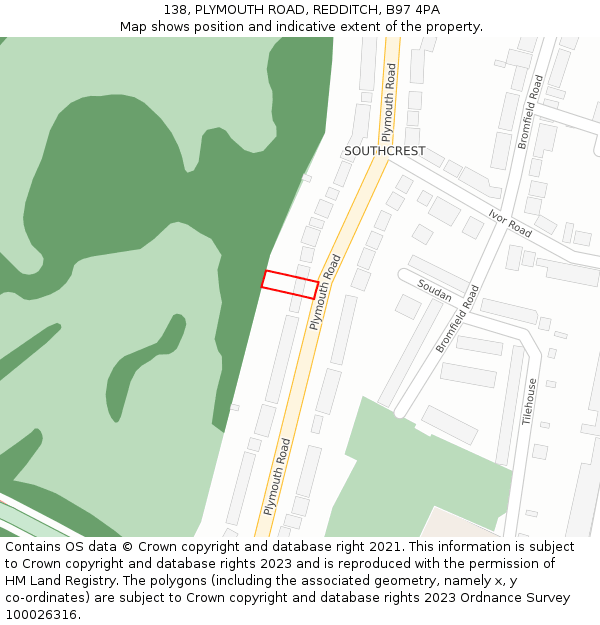 138, PLYMOUTH ROAD, REDDITCH, B97 4PA: Location map and indicative extent of plot