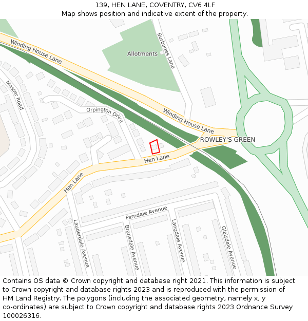 139, HEN LANE, COVENTRY, CV6 4LF: Location map and indicative extent of plot