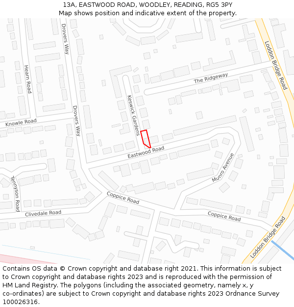 13A, EASTWOOD ROAD, WOODLEY, READING, RG5 3PY: Location map and indicative extent of plot