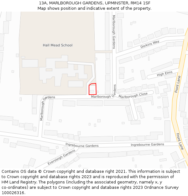 13A, MARLBOROUGH GARDENS, UPMINSTER, RM14 1SF: Location map and indicative extent of plot