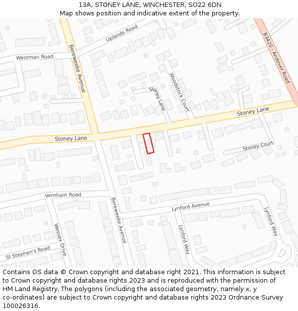 13A, STONEY LANE, WINCHESTER, SO22 6DN: Location map and indicative extent of plot