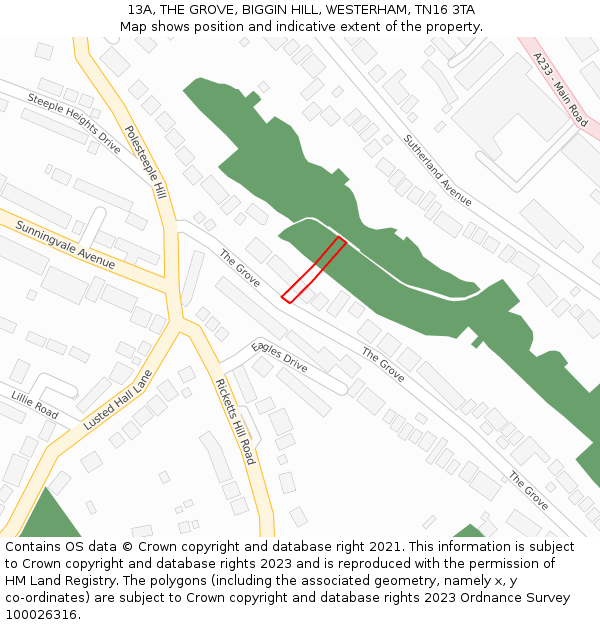 13A, THE GROVE, BIGGIN HILL, WESTERHAM, TN16 3TA: Location map and indicative extent of plot