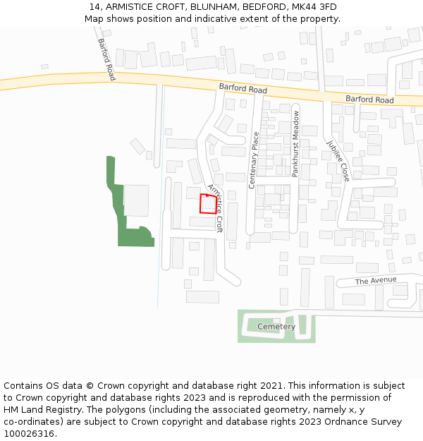 14, ARMISTICE CROFT, BLUNHAM, BEDFORD, MK44 3FD: Location map and indicative extent of plot