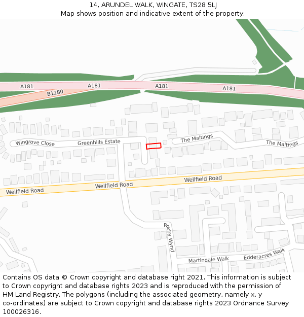 14, ARUNDEL WALK, WINGATE, TS28 5LJ: Location map and indicative extent of plot