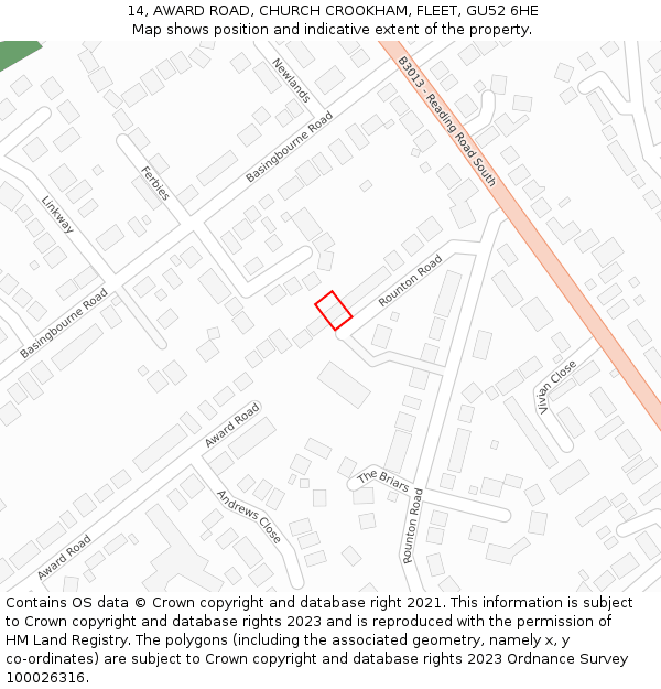 14, AWARD ROAD, CHURCH CROOKHAM, FLEET, GU52 6HE: Location map and indicative extent of plot