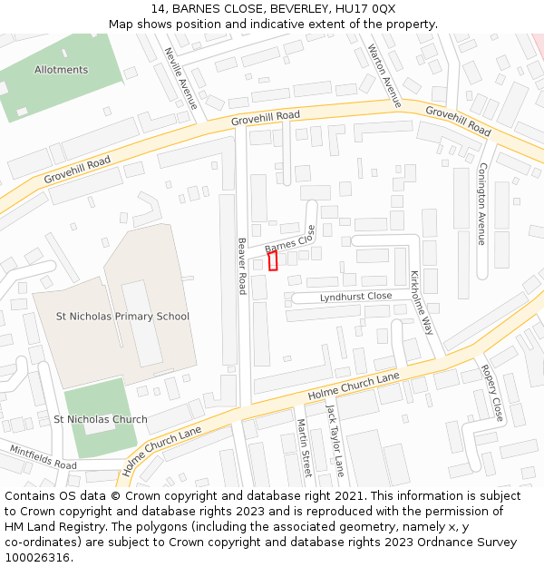 14, BARNES CLOSE, BEVERLEY, HU17 0QX: Location map and indicative extent of plot