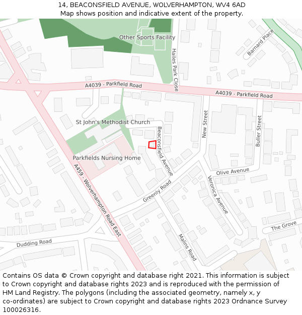 14, BEACONSFIELD AVENUE, WOLVERHAMPTON, WV4 6AD: Location map and indicative extent of plot