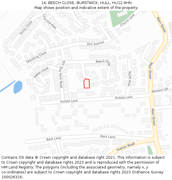 14, BEECH CLOSE, BURSTWICK, HULL, HU12 9HN: Location map and indicative extent of plot