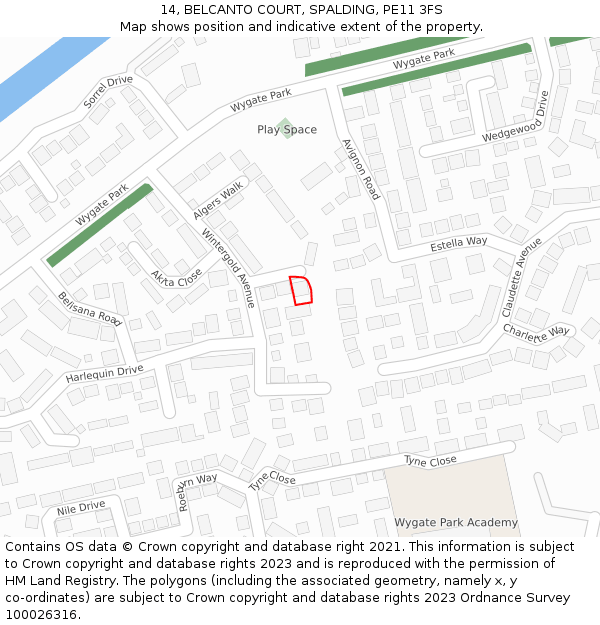 14, BELCANTO COURT, SPALDING, PE11 3FS: Location map and indicative extent of plot