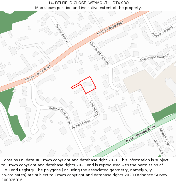 14, BELFIELD CLOSE, WEYMOUTH, DT4 9RQ: Location map and indicative extent of plot