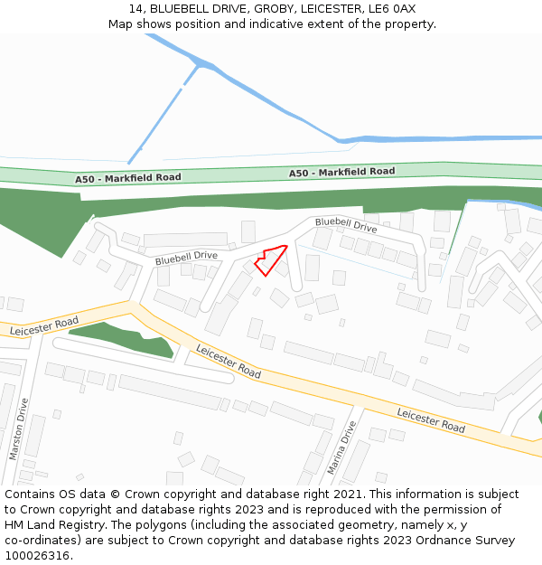 14, BLUEBELL DRIVE, GROBY, LEICESTER, LE6 0AX: Location map and indicative extent of plot