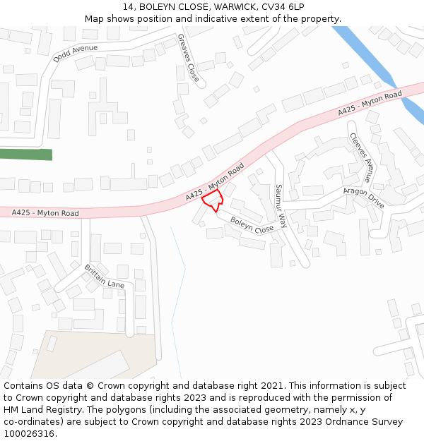 14, BOLEYN CLOSE, WARWICK, CV34 6LP: Location map and indicative extent of plot