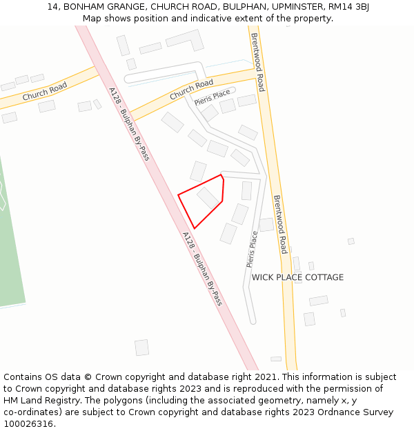 14, BONHAM GRANGE, CHURCH ROAD, BULPHAN, UPMINSTER, RM14 3BJ: Location map and indicative extent of plot