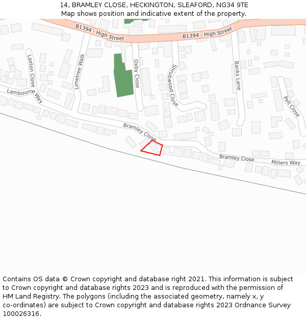 14, BRAMLEY CLOSE, HECKINGTON, SLEAFORD, NG34 9TE: Location map and indicative extent of plot