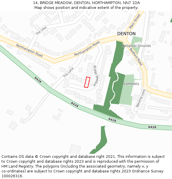 14, BRIDGE MEADOW, DENTON, NORTHAMPTON, NN7 1DA: Location map and indicative extent of plot