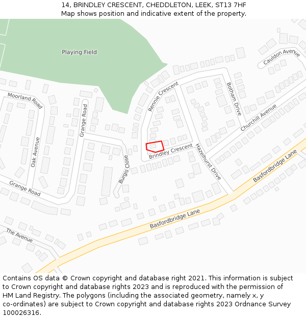 14, BRINDLEY CRESCENT, CHEDDLETON, LEEK, ST13 7HF: Location map and indicative extent of plot