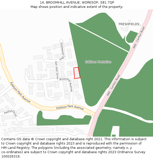 14, BROOMHILL AVENUE, WORKSOP, S81 7QP: Location map and indicative extent of plot