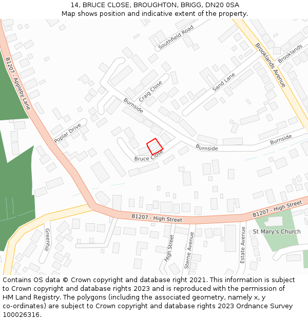 14, BRUCE CLOSE, BROUGHTON, BRIGG, DN20 0SA: Location map and indicative extent of plot