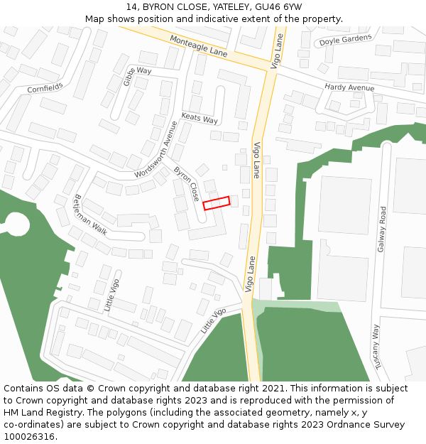 14, BYRON CLOSE, YATELEY, GU46 6YW: Location map and indicative extent of plot