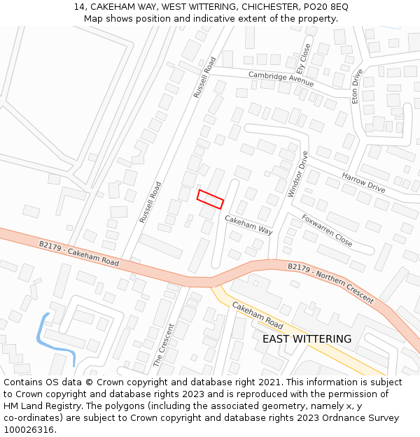 14, CAKEHAM WAY, WEST WITTERING, CHICHESTER, PO20 8EQ: Location map and indicative extent of plot