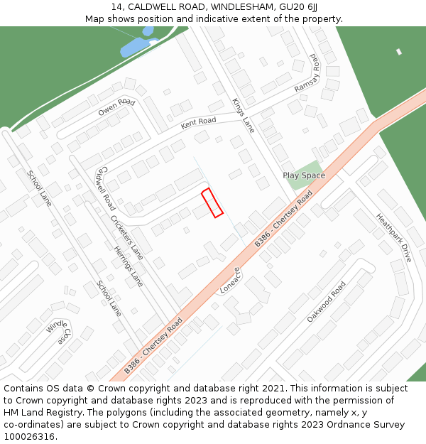 14, CALDWELL ROAD, WINDLESHAM, GU20 6JJ: Location map and indicative extent of plot