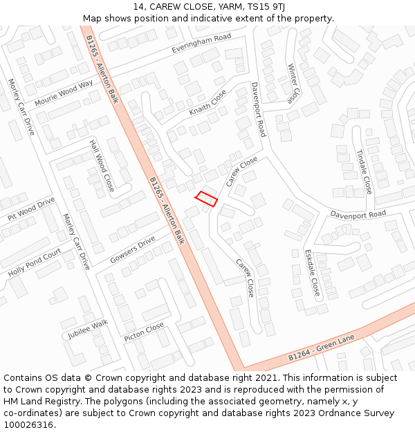 14, CAREW CLOSE, YARM, TS15 9TJ: Location map and indicative extent of plot