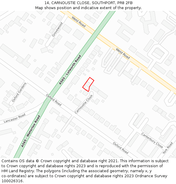 14, CARNOUSTIE CLOSE, SOUTHPORT, PR8 2FB: Location map and indicative extent of plot