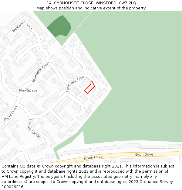 14, CARNOUSTIE CLOSE, WINSFORD, CW7 2LQ: Location map and indicative extent of plot